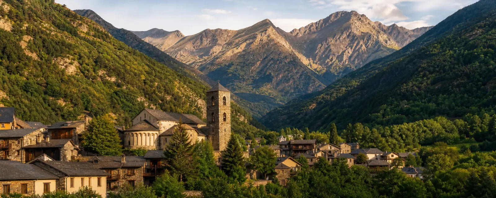 The stone village of Ordino and Pyrenees mountains in Andorra