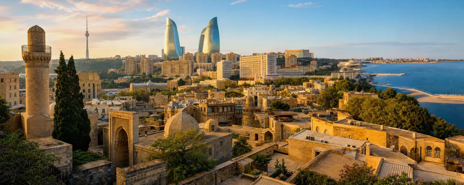 Baku Old City, Flame Towers and the Caspian Sea in Azerbaijan