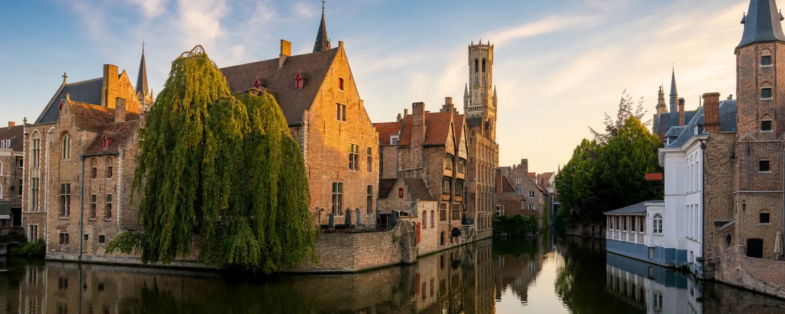 Bruges canals and historic city center in Belgium