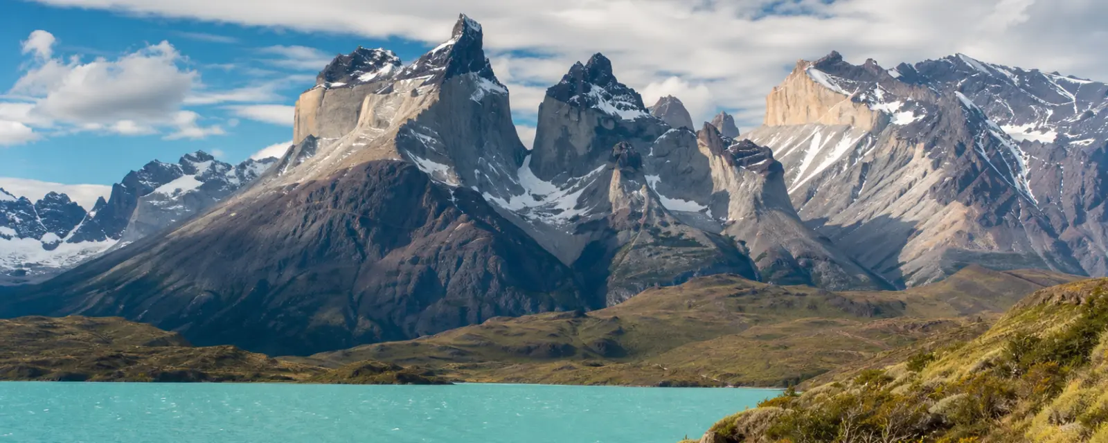 Torres del Paine mountains and turquoise lake in Chile