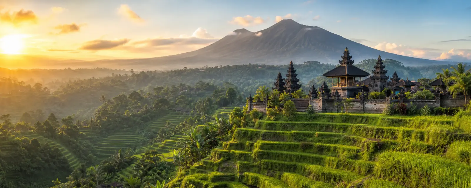 Balinese temple, rice terraces and mountain landscape in Indonesia