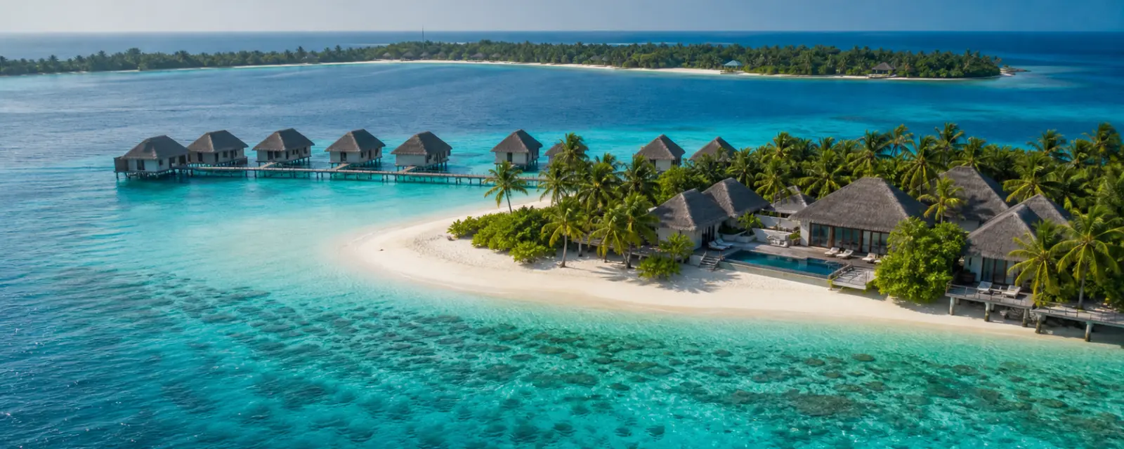 Turquoise lagoon and overwater villas in the Maldives
