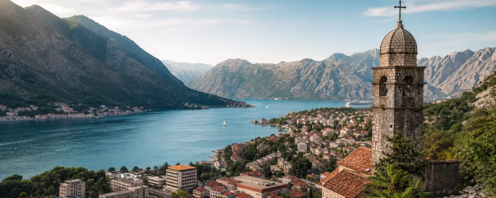 Bay of Kotor, old town and mountains in Montenegro
