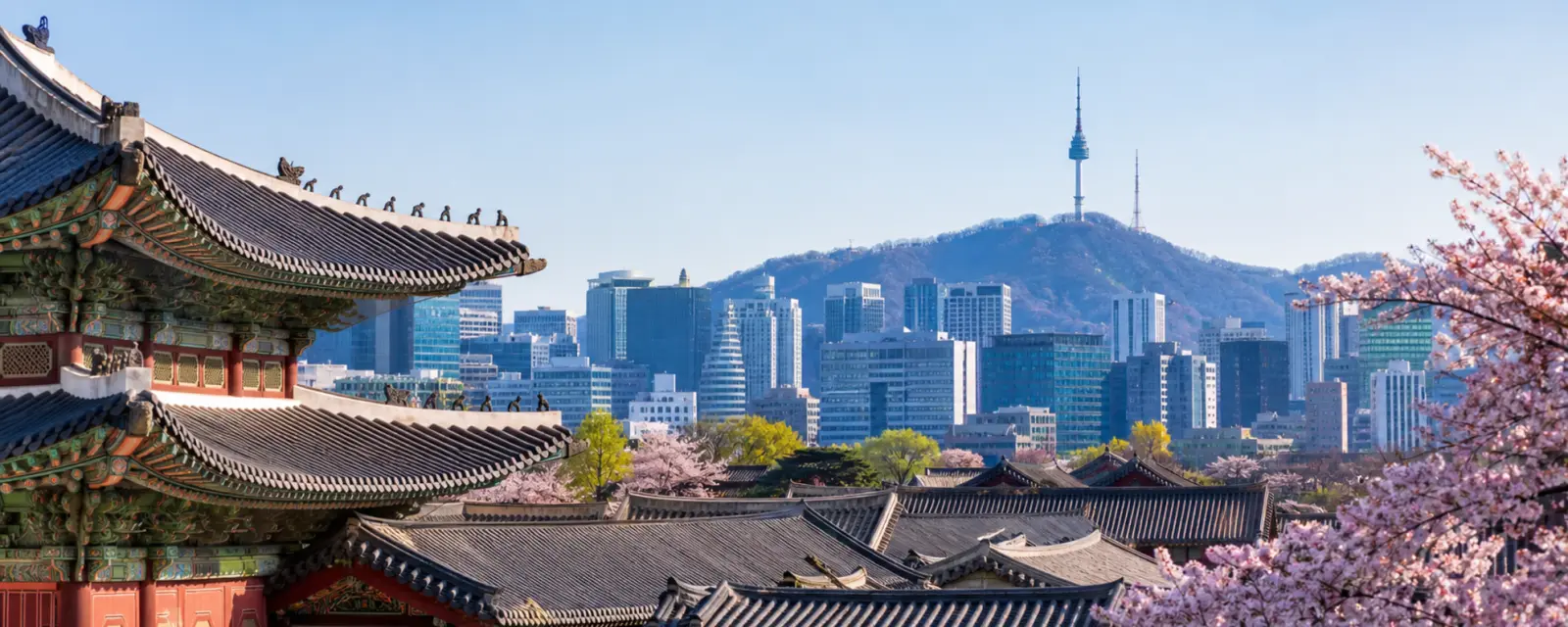 Gyeongbokgung Palace and Seoul skyline in South Korea