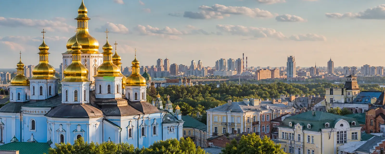 Saint Sophia Cathedral and Kyiv skyline in Ukraine